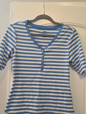 SONOMA Sky Blue and White Striped Henley Tee